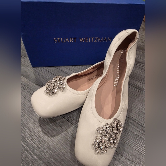 NIB Stuart Weitzman Crystal Fleur Ballet Flat White Wedding...